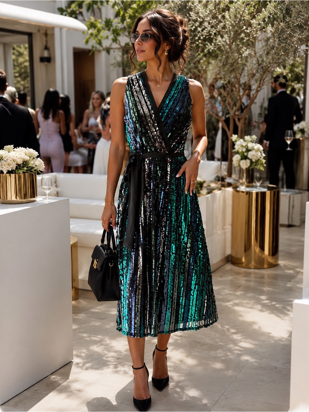 julia jordan Green-Blue Sequin Wrap Midi Dress